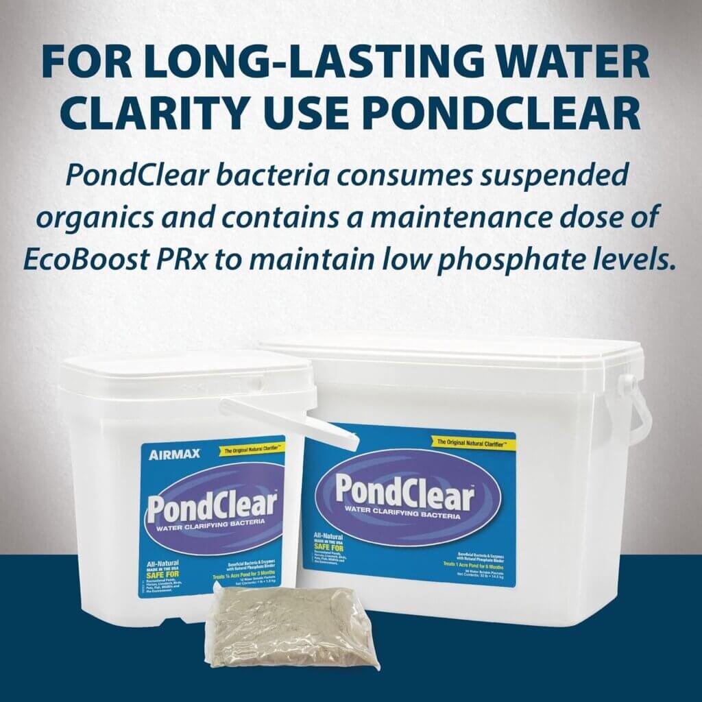 Airmax EcoBoost PRx Natural Pond Water Clariﬁer, Binds Excess Phosphates  Contaminants for Clear Water, Safe for Pets, Plants  Fish, Treats ¼ Acres, 4 Month Supply, 20 Scoops, 10 lb