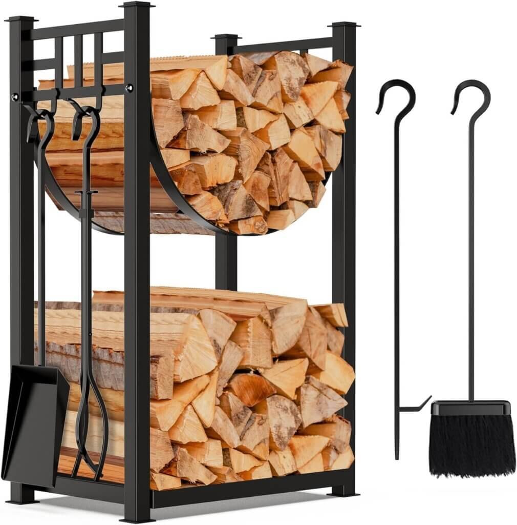 AMAGABELI GARDEN  HOME 31.6in Large Firewood Rack Fireplace Tools Set Wood Holder Indoor log Rack With Tools Tall for Wood Stove Firepit Campfire Storage Stacking Wrought Iron Accessories Outdoor