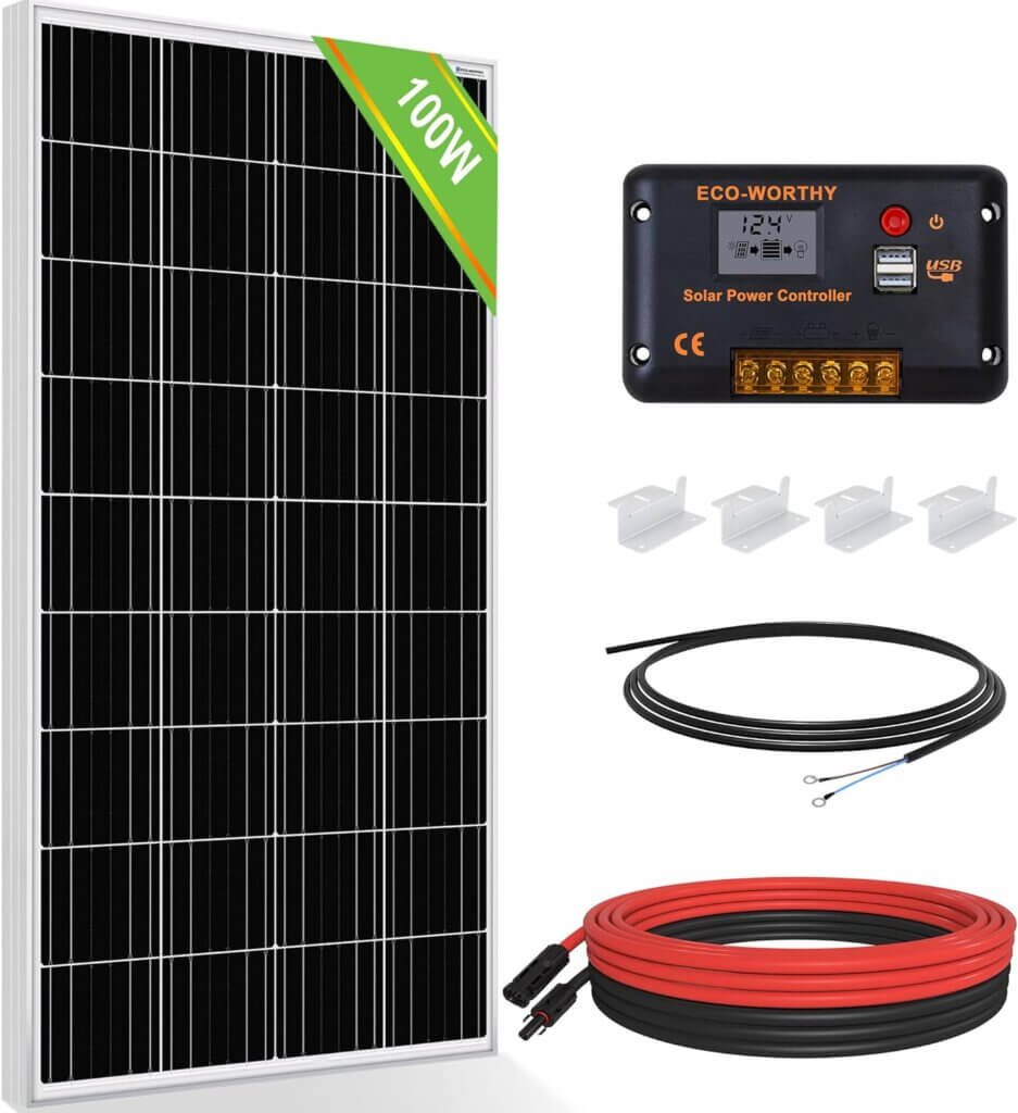 ECO-WORTHY 100 Watt 12 Volt Solar Panel Kit for RV Battery Boat Trailer Cabin Garden Shed Home: 100W Solar Panel+30A PWM Charge Controller+ Tray Cable + Z Mounting Brackets