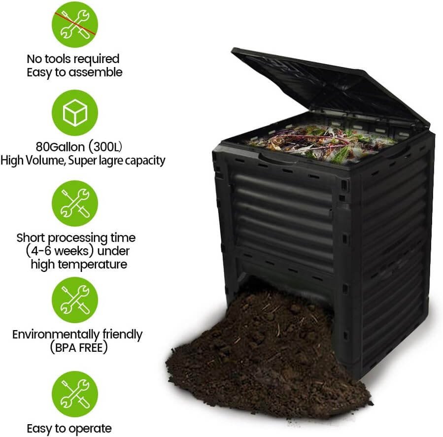 Garden Compost Bin from BPA Free Material, 80 Gallon(300 L), Easy Assembling, Large Capacity, Fast Creation of Fertile Soil