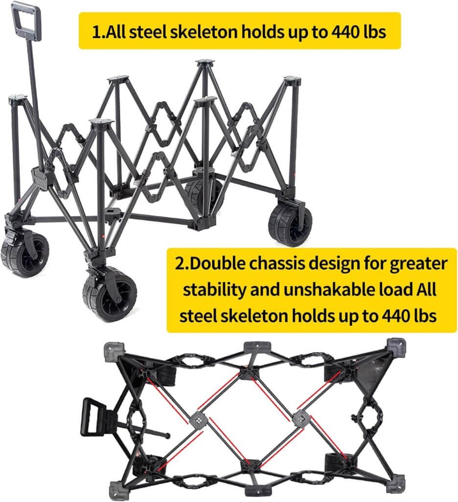 Heavy Duty Utility Collapsible Wagon with All-Terrain 4in×7in Wheels,Load 330 Lbs,Portable 150 liter large capacity beach wagon,for Garden Outdoor Camping Beach Sports, Grocery Cart, Adjustable Handle