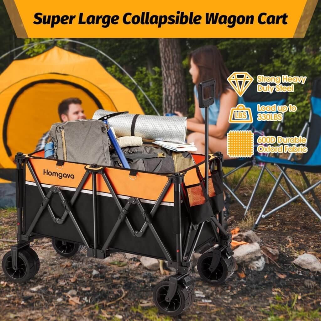 Homgava Collapsible Wagon with Big Wheels,Foldable Beach Wagon with Cup Holders,Heavy Duty Portable Enlarged Capacity Wagon Cart with Tail Bags,Outdoor Utility Garden Cart for Camping Sports Shopping