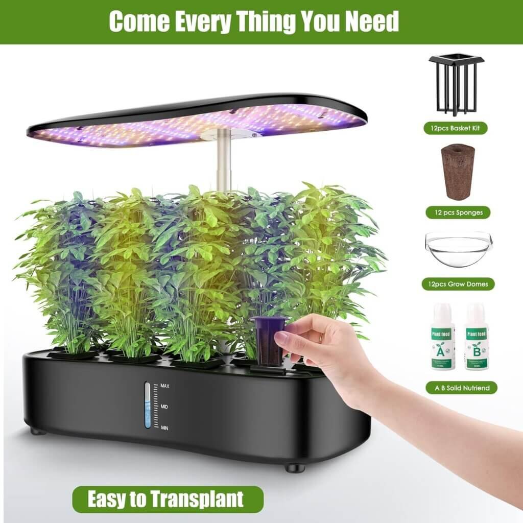 Large Tank Hydroponics Growing System 12 Pods, Herb Garden Kit Indoor with Grow Lights, Plants Germination Kit with Quiet Water Pump, Auto Timer, Height Adjustable to 20, Gardening Gifts Home Decor