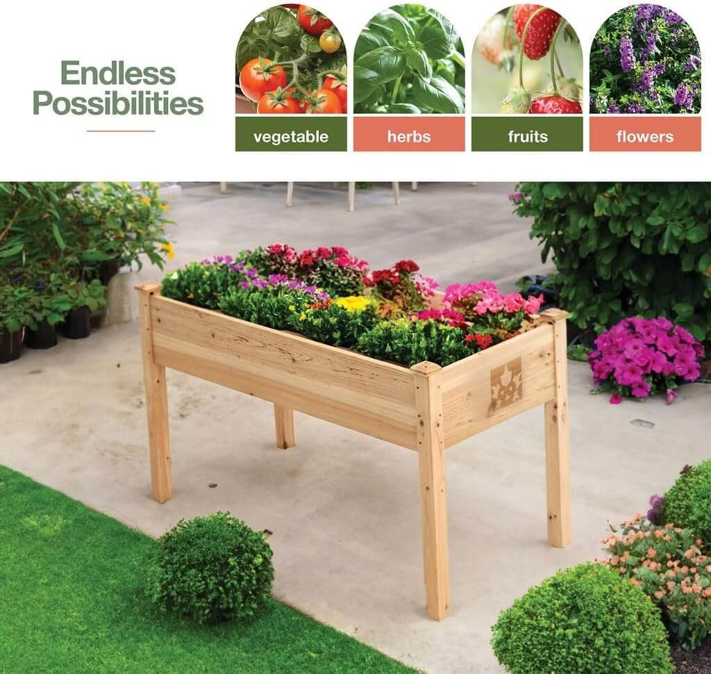 Maple99 Raised Garden Bed -48x24x30in Elevated Wood Planter Box with Bed Liner for Backyard, Patio, Deck, Balcony - Natural Cedar Raised Planter Box with Legs for Flowers, Herbs - 200lb Capacity