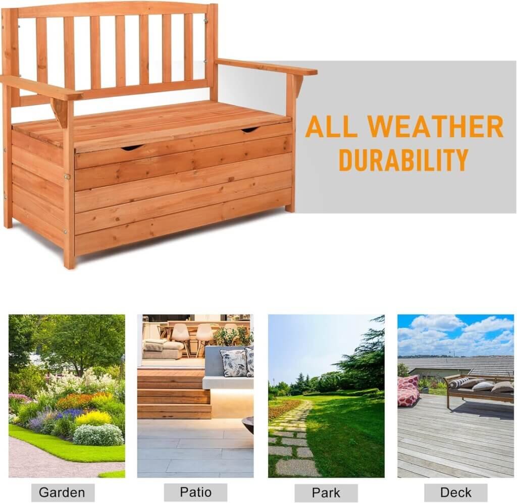 Outvita Outdoor Wood Storage Bench, Wooden Large Deck Box with Seating  Armrest, Waterproof Patio Organizer Loveseat for Garden Porch Deck Backyard Poolside, Natural