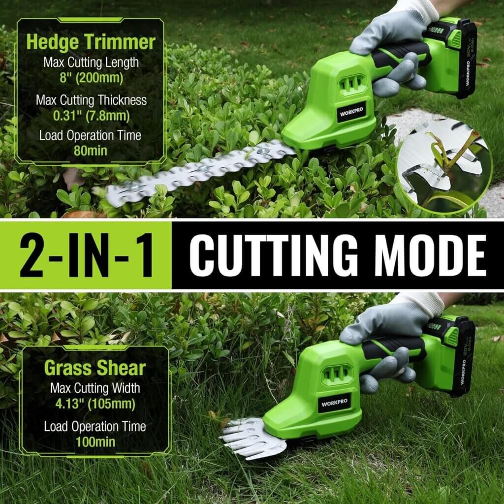 WORKPRO 20V Cordless Grass Shear  Shrubbery Trimmer-2 in 1 Handheld Hedge Trimmer, Electric Grass Trimmer Hedge Shear/Grass Cutter with 2.0Ah Rechargeable Lithium-Ion Battery and 1 Hour Fast Charger