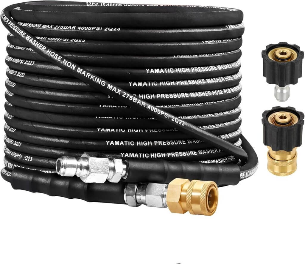 YAMATIC Kink Resistant Pressure Washer Hose 50FT, Wear Resistant 4000PSI Power Washer Hose with 3/8 Quick Connector, Steel Wire Braided Hot  Cold Water 1/4 Replacement Extension Hose